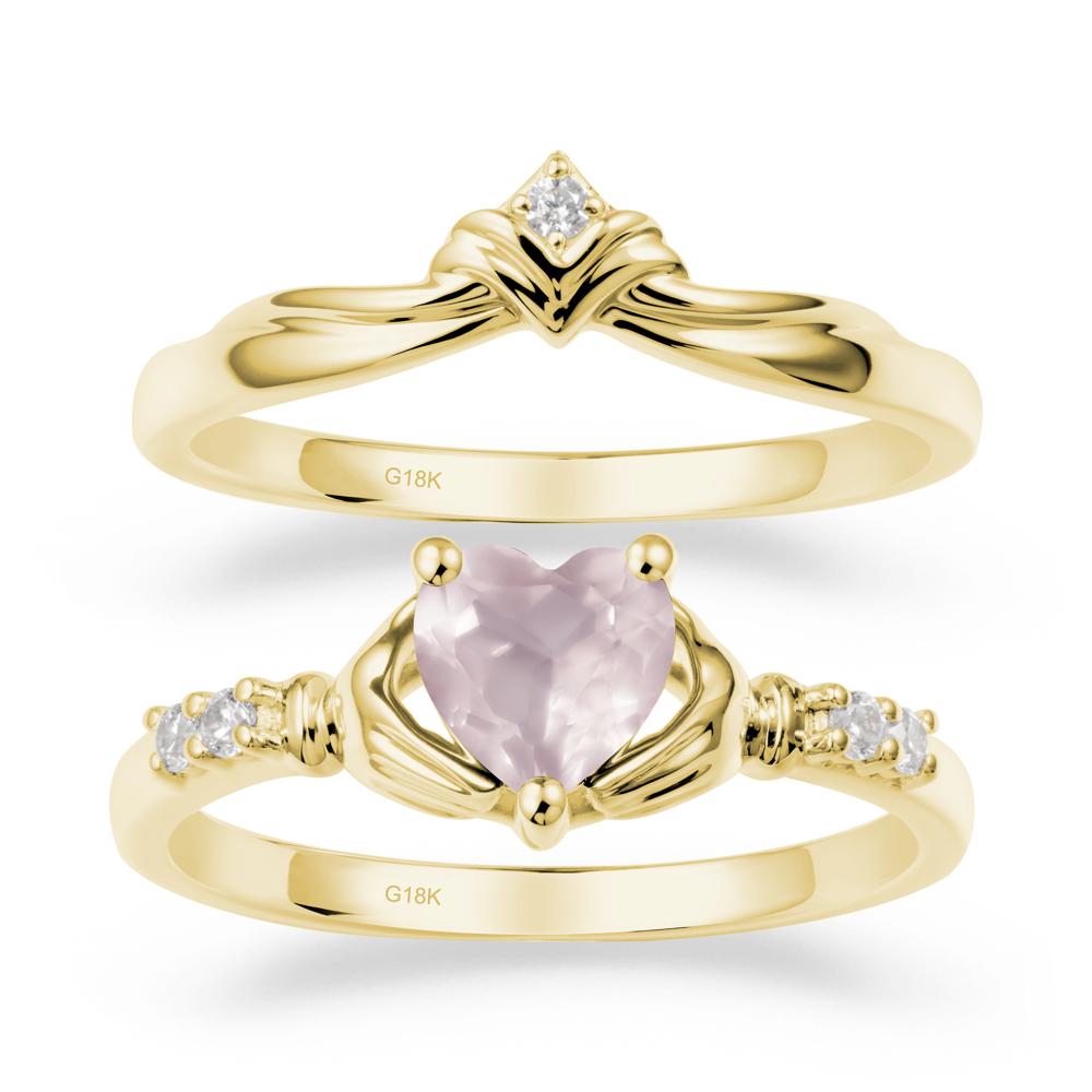 Rose Quartz Claddagh Wedding Ring Sets - LUO Jewelry #metal_18k yellow gold