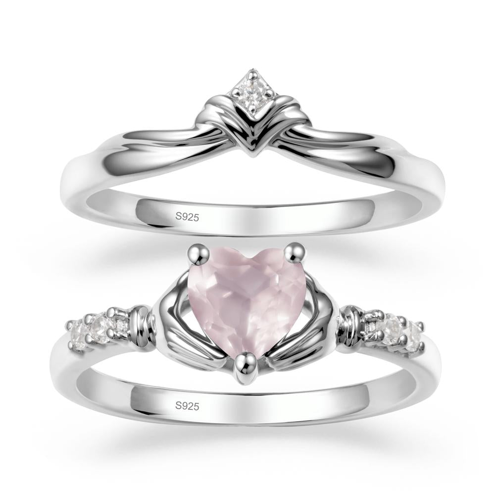 Rose Quartz Claddagh Wedding Ring Sets - LUO Jewelry #metal_sterling silver