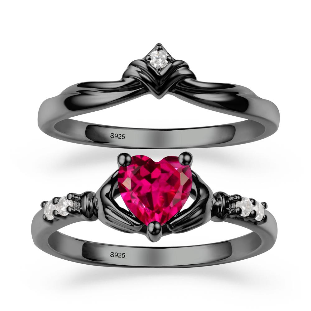 Ruby Claddagh Ring Bridal Set - LUO Jewelry #metal_black finish sterling silver