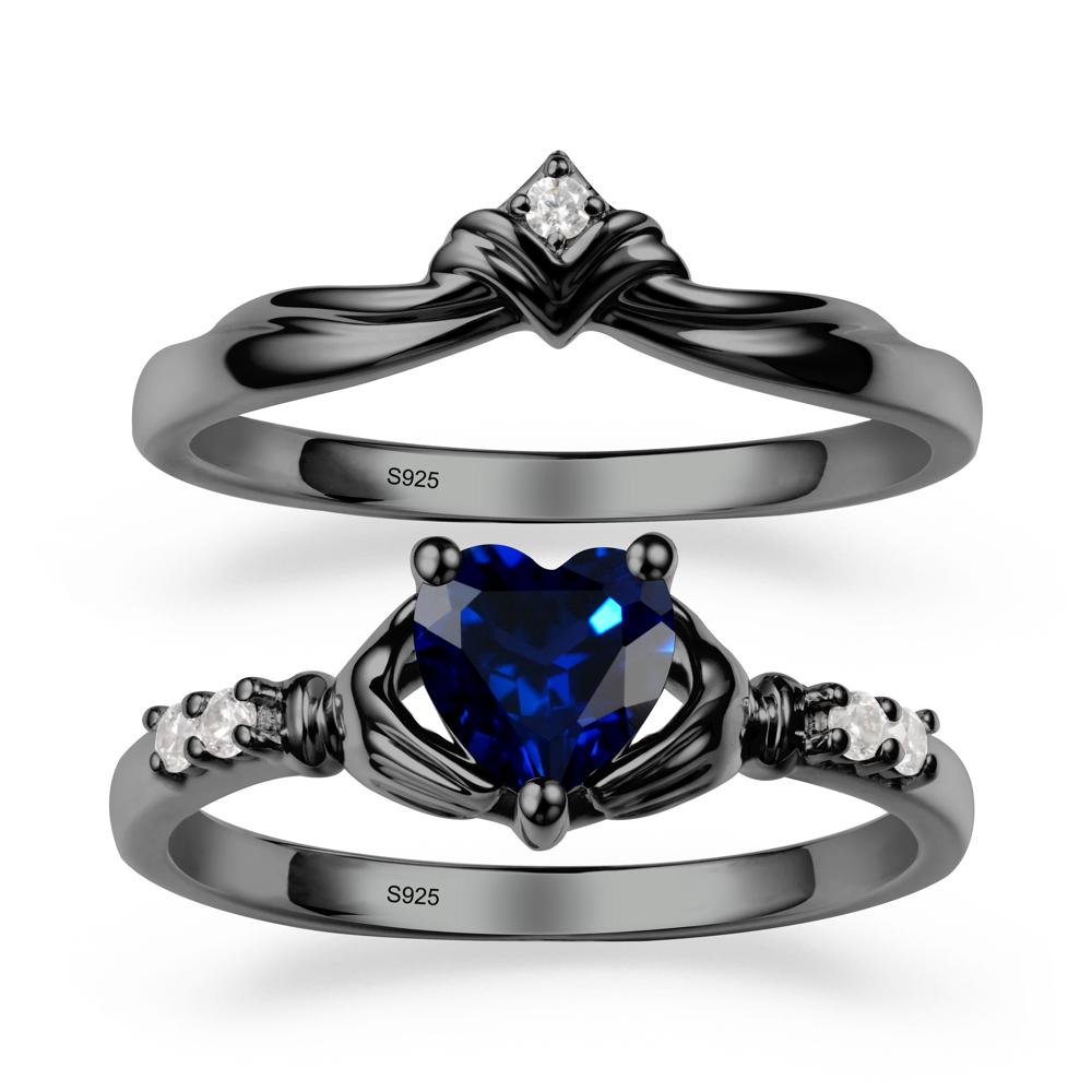 Sapphire Claddagh Engagement Ring Sets - LUO Jewelry #metal_black finish sterling silver