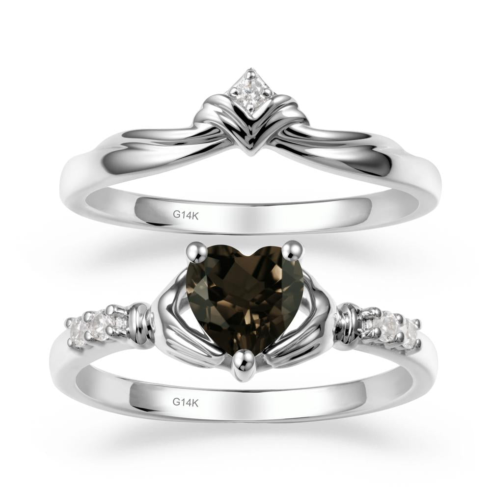 Heart Shaped Smoky Quartz Claddagh Wedding Band Sets - LUO Jewelry #metal_14k white gold