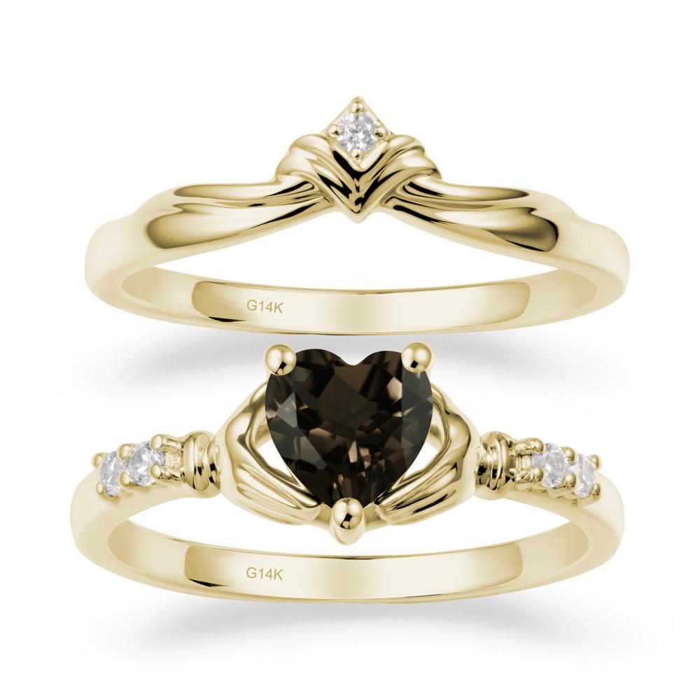 Heart Shaped Smoky Quartz Claddagh Wedding Band Sets - LUO Jewelry #metal_14k yellow gold