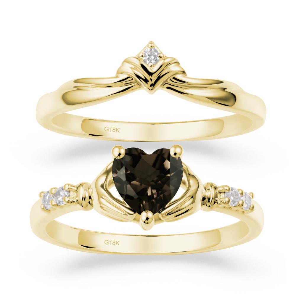 Heart Shaped Smoky Quartz Claddagh Wedding Band Sets - LUO Jewelry #metal_18k yellow gold