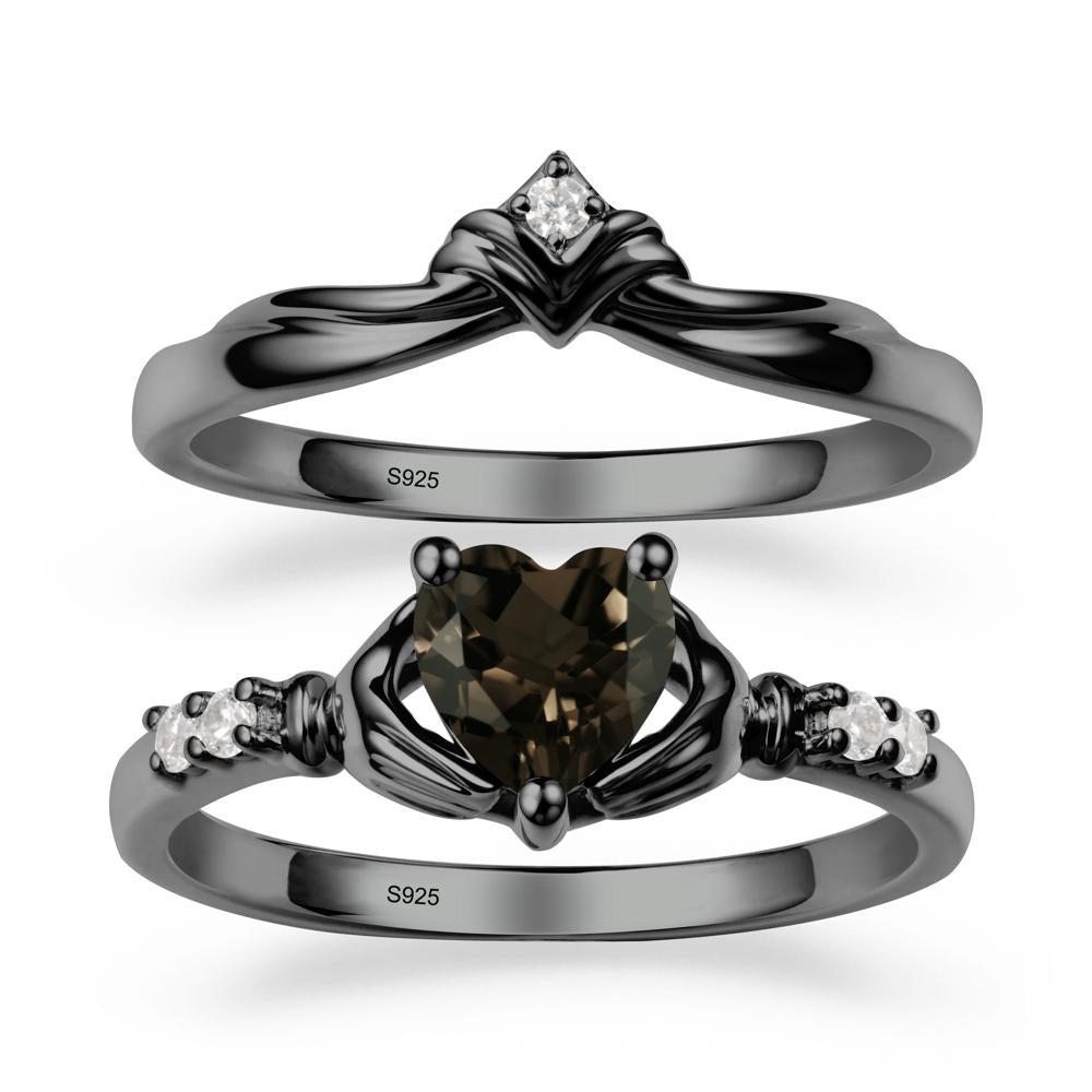 Heart Shaped Smoky Quartz Claddagh Wedding Band Sets - LUO Jewelry #metal_black finish sterling silver