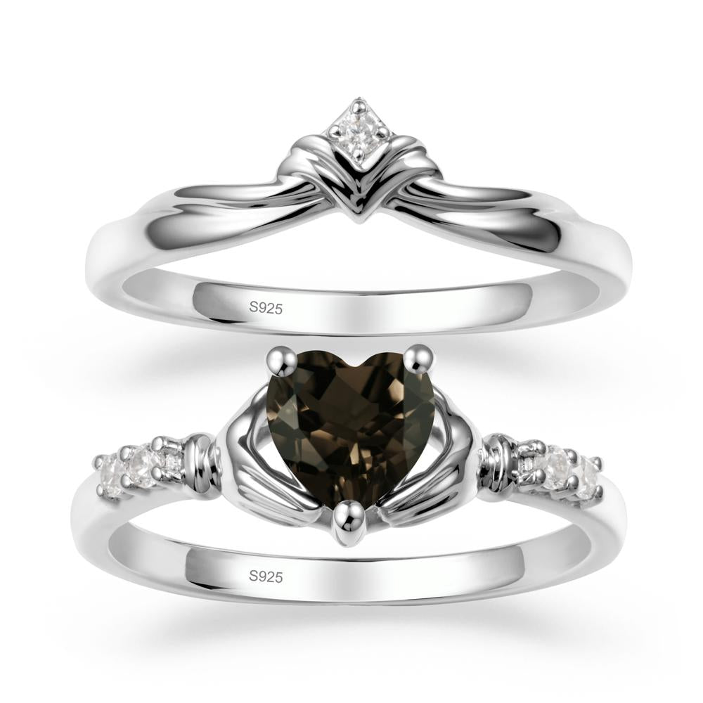 Heart Shaped Smoky Quartz Claddagh Wedding Band Sets - LUO Jewelry #metal_sterling silver