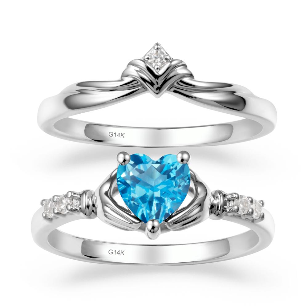 Swiss Blue Topaz Claddagh Wedding Ring Sets - LUO Jewelry #metal_14k white gold