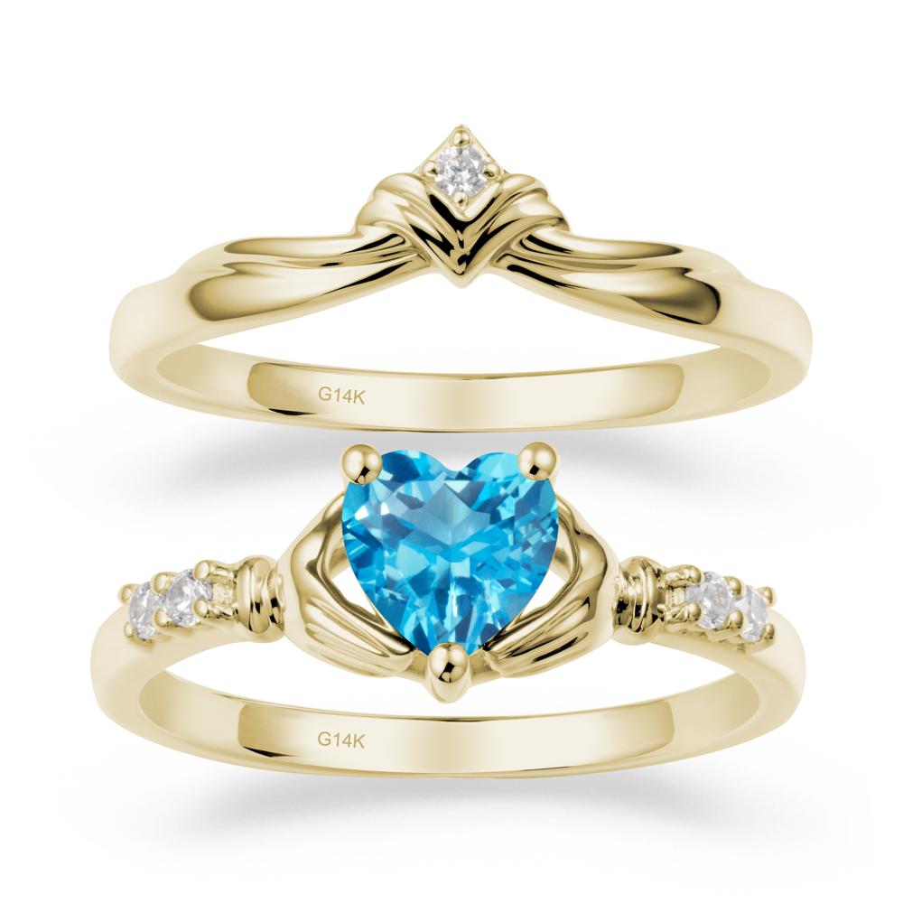 Swiss Blue Topaz Claddagh Wedding Ring Sets - LUO Jewelry #metal_14k yellow gold
