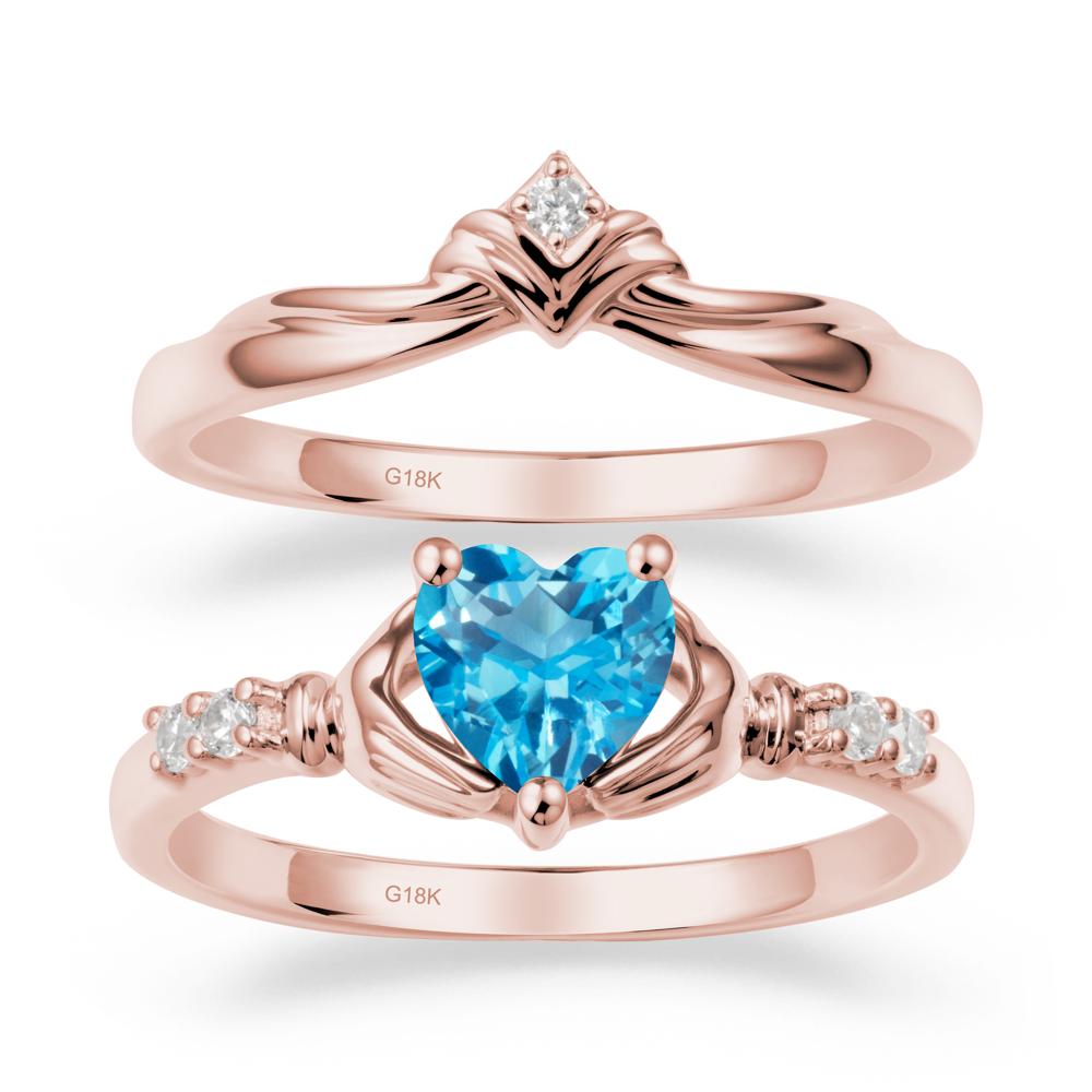 Swiss Blue Topaz Claddagh Wedding Ring Sets - LUO Jewelry #metal_18k rose gold