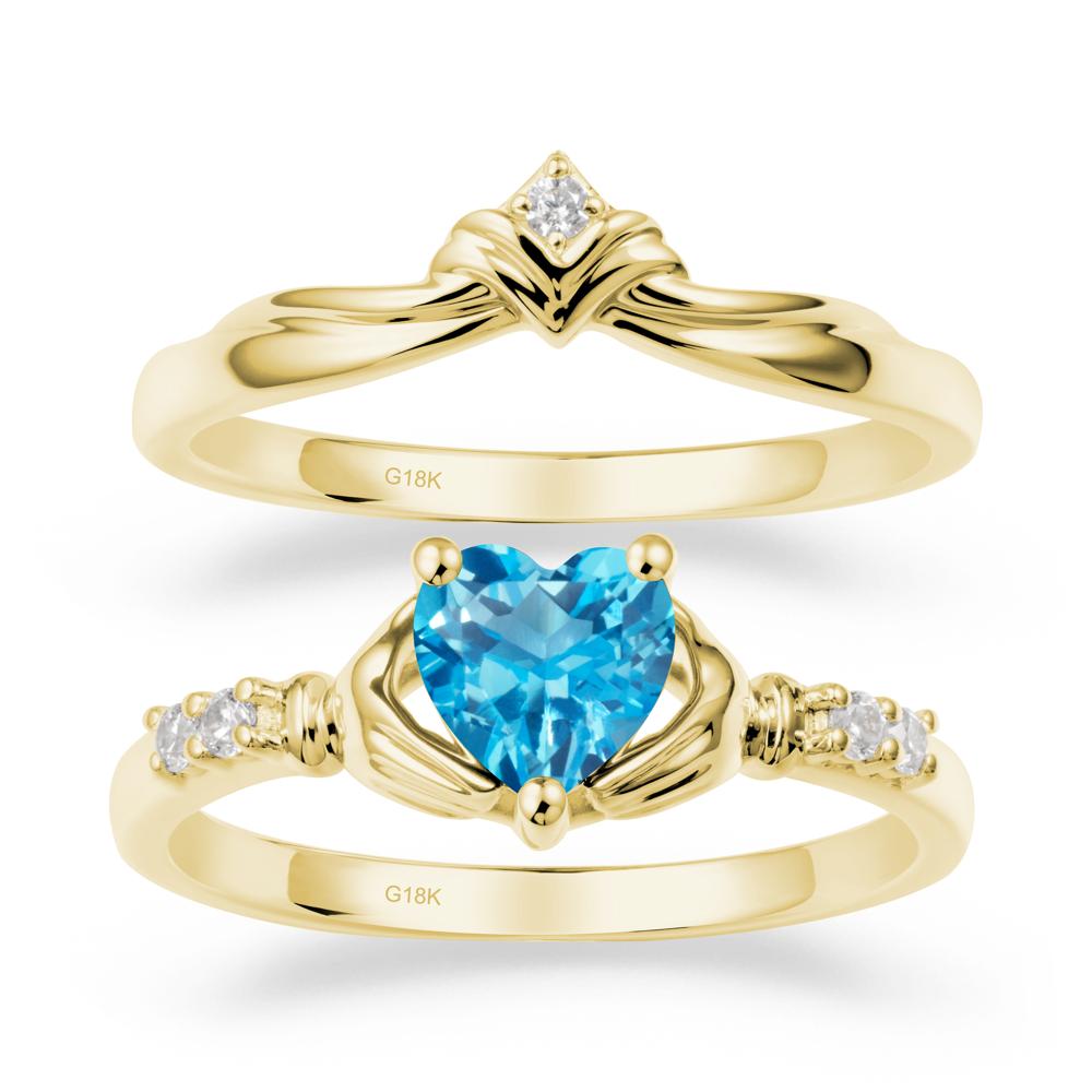 Swiss Blue Topaz Claddagh Wedding Ring Sets - LUO Jewelry #metal_18k yellow gold