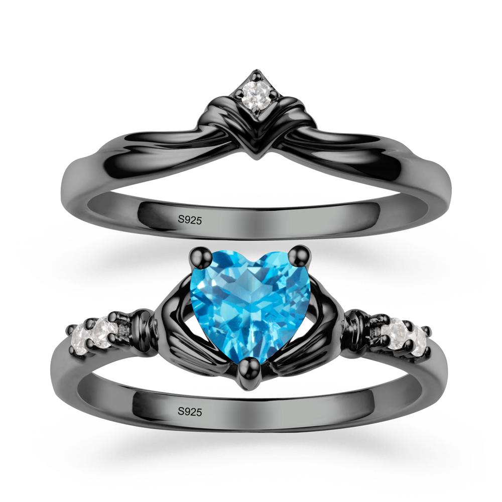 Swiss Blue Topaz Claddagh Wedding Ring Sets - LUO Jewelry #metal_black finish sterling silver