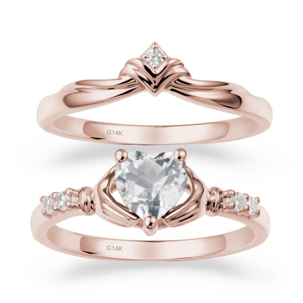 White Topaz Claddagh Ring Bridal Set - LUO Jewelry #metal_14k rose gold