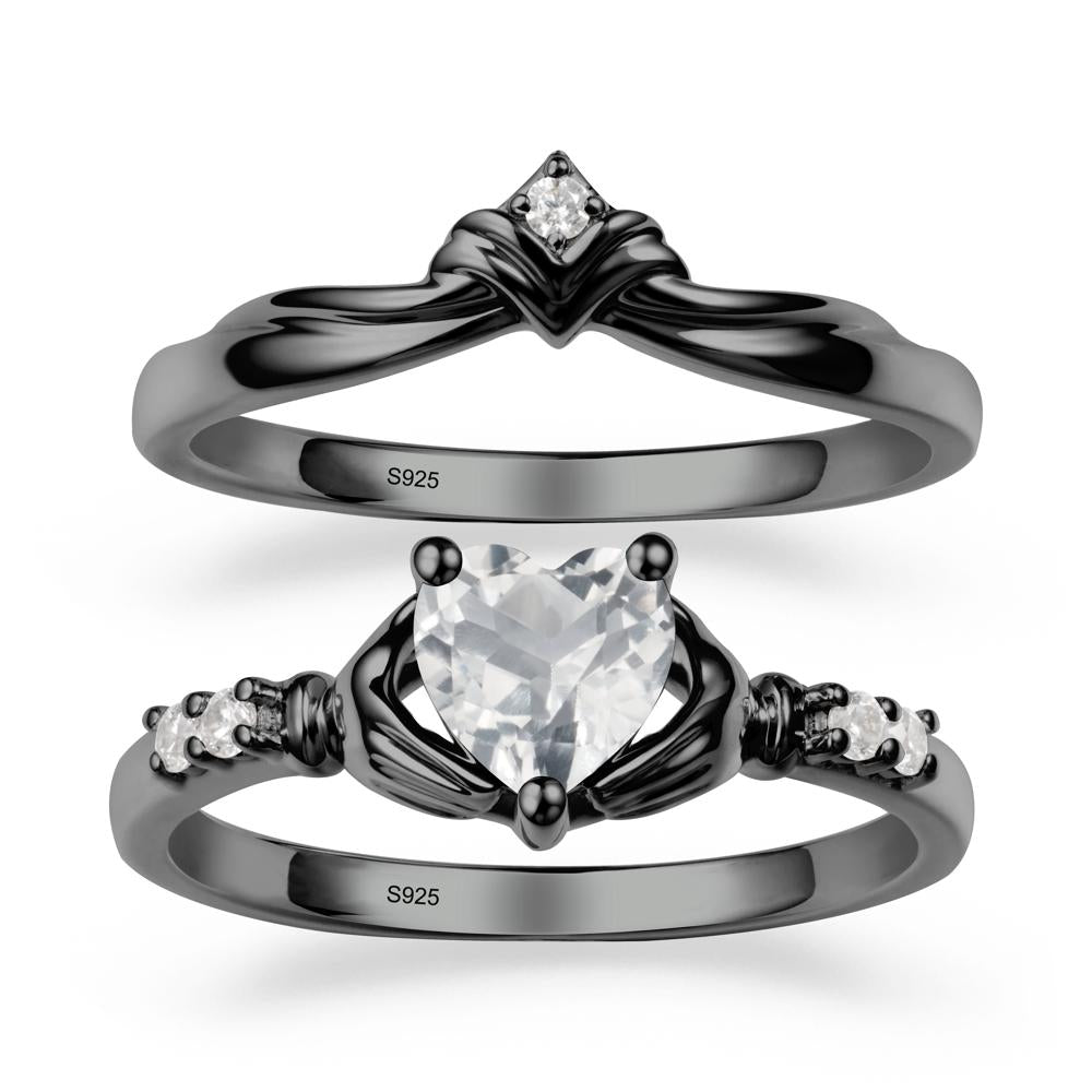 White Topaz Claddagh Ring Bridal Set - LUO Jewelry #metal_black finish sterling silver