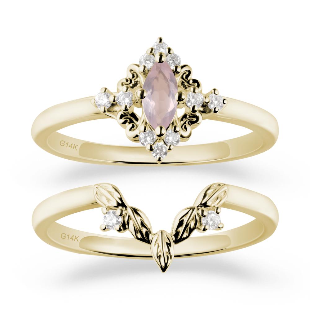Marquise Rose Quartz Ring Sets with Leaf Details - LUO Jewelry #metal_14k yellow gold