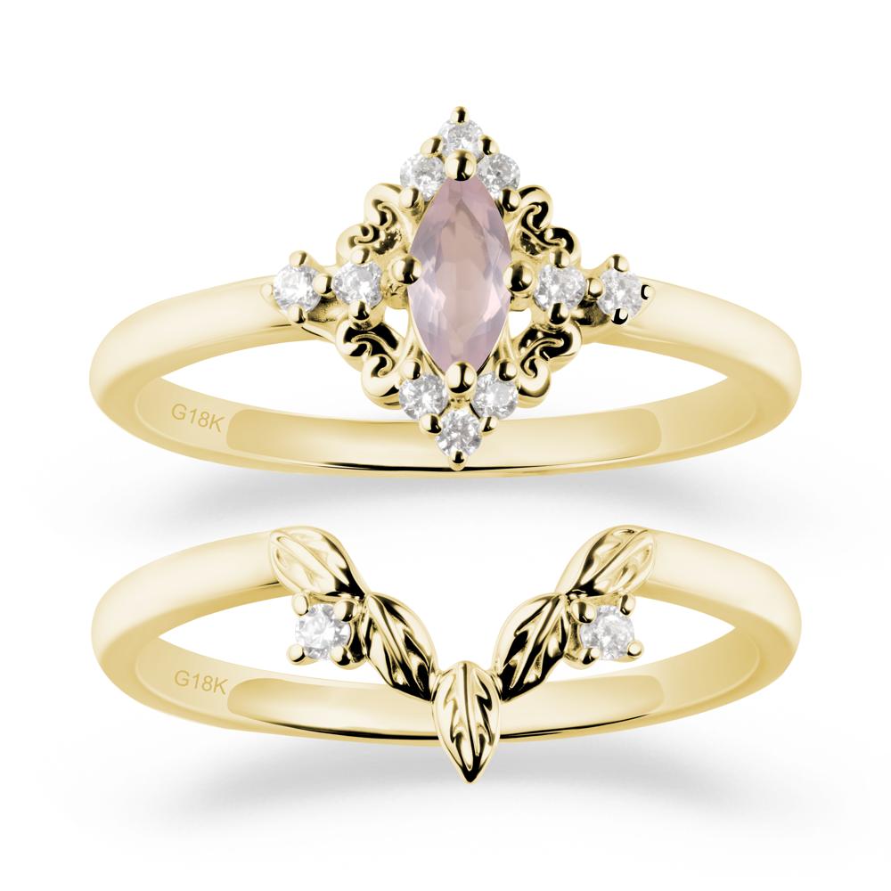 Marquise Rose Quartz Ring Sets with Leaf Details - LUO Jewelry #metal_18k yellow gold
