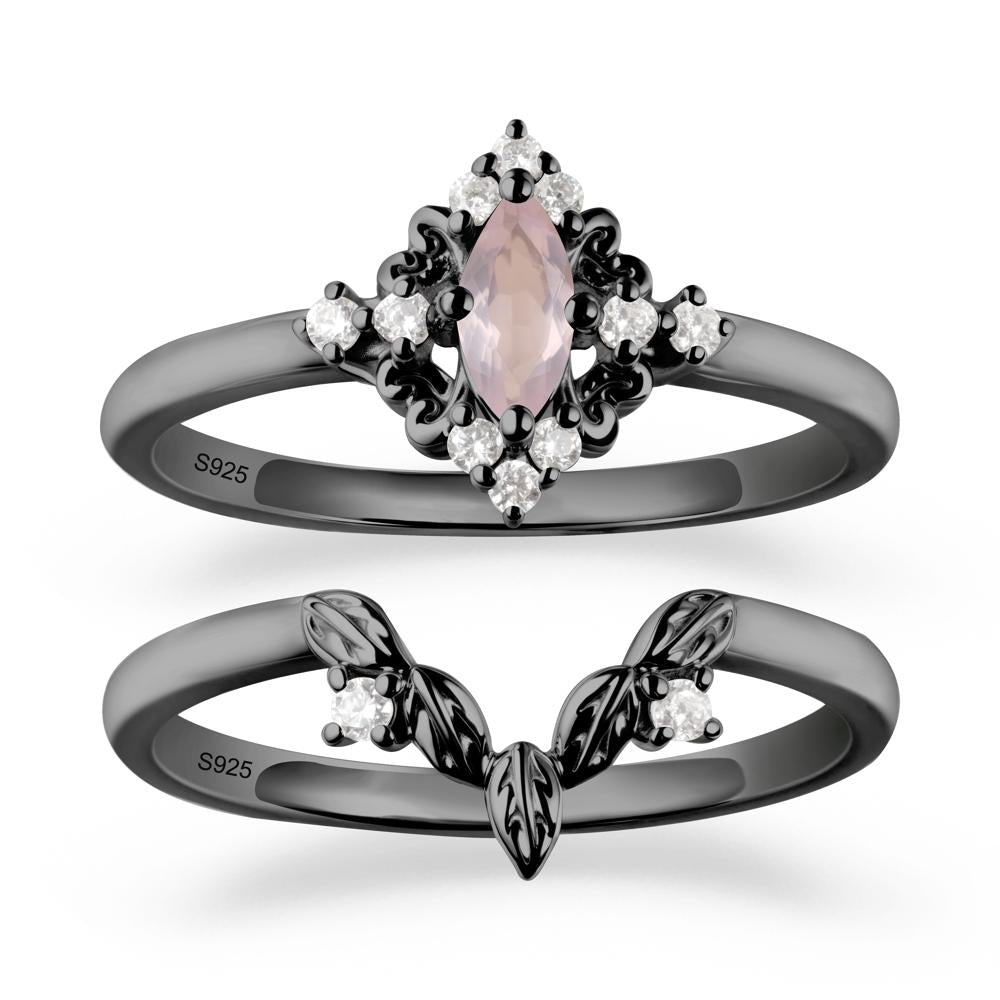 Marquise Rose Quartz Ring Sets with Leaf Details - LUO Jewelry #metal_black finish sterling silver