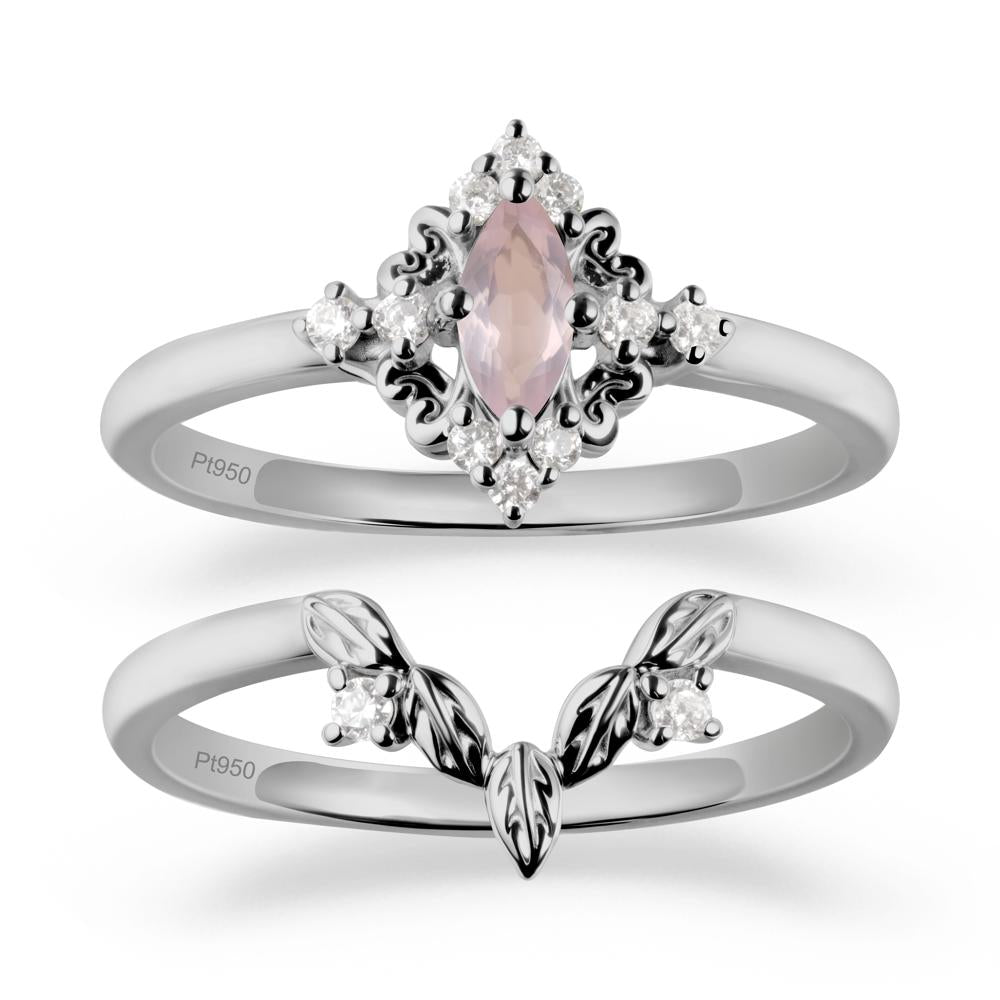 Marquise Rose Quartz Ring Sets with Leaf Details - LUO Jewelry #metal_platinum