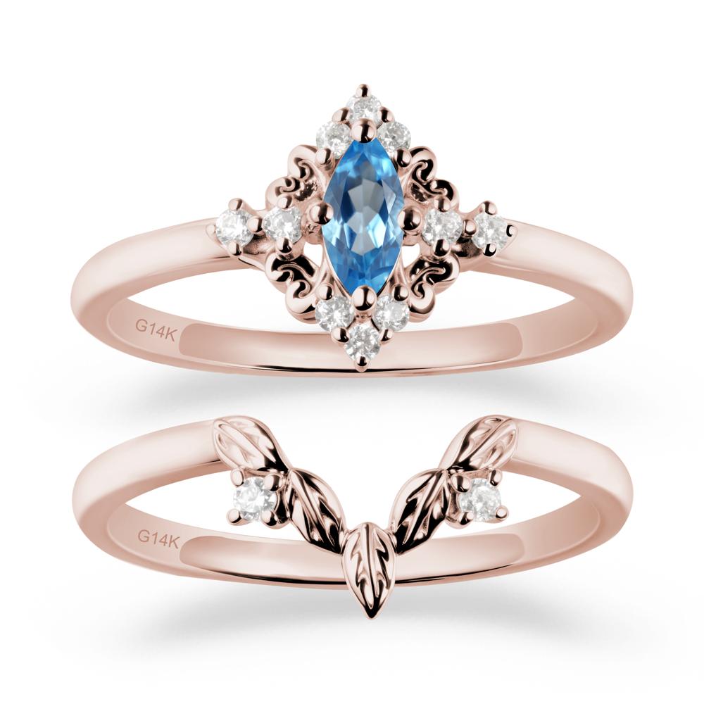 Marquise Swiss Blue Topaz Ring Sets with Leaf Details - LUO Jewelry #metal_14k rose gold
