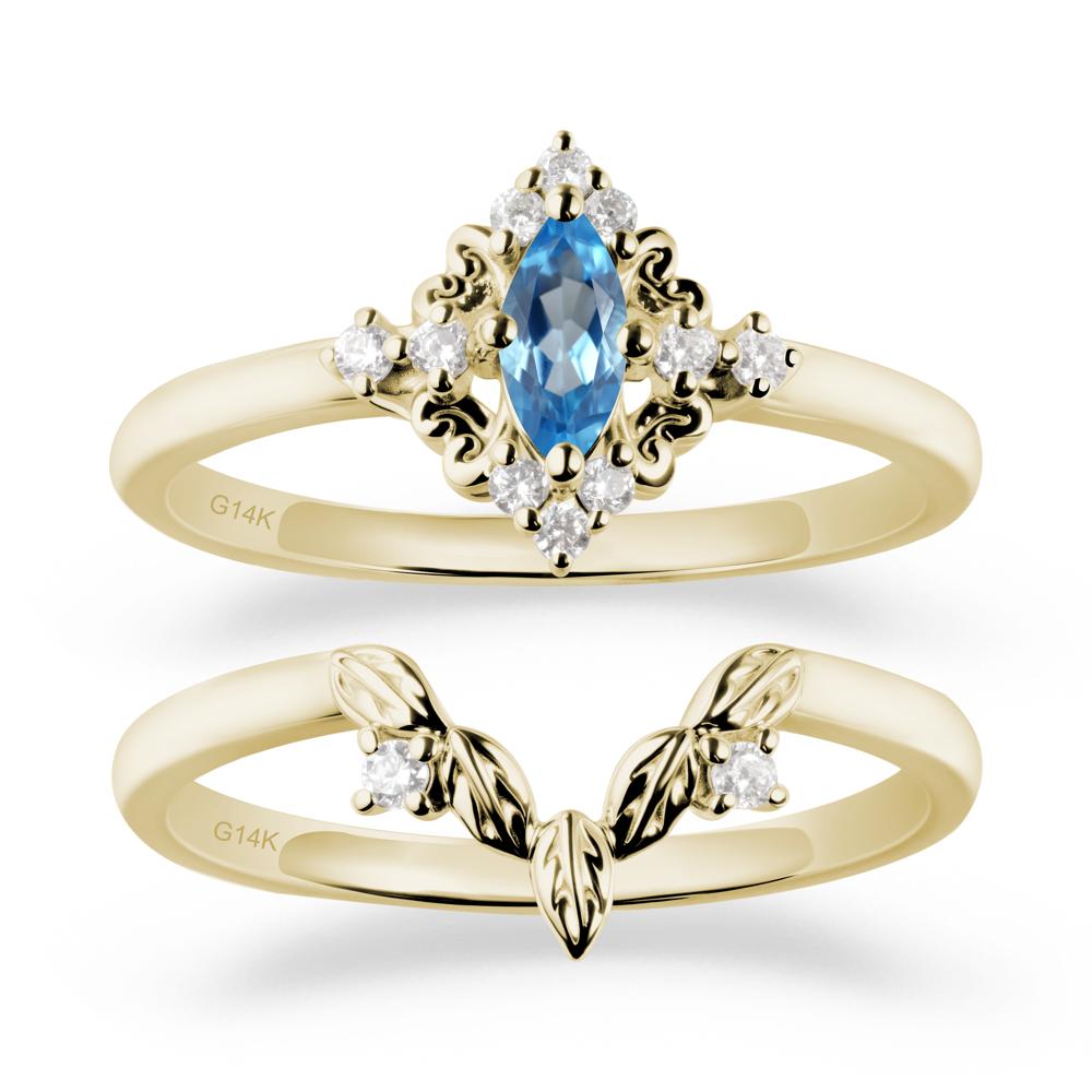 Marquise Swiss Blue Topaz Ring Sets with Leaf Details - LUO Jewelry #metal_14k yellow gold