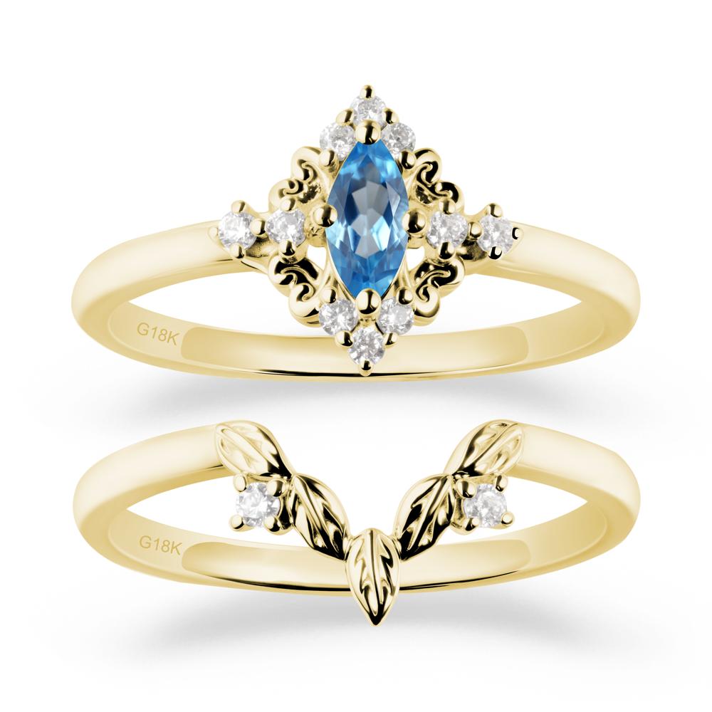 Marquise Swiss Blue Topaz Ring Sets with Leaf Details - LUO Jewelry #metal_18k yellow gold