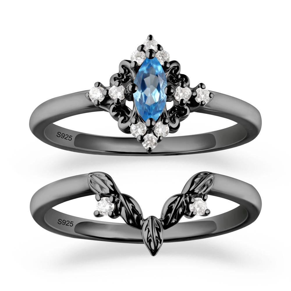 Marquise Swiss Blue Topaz Ring Sets with Leaf Details - LUO Jewelry #metal_black finish sterling silver