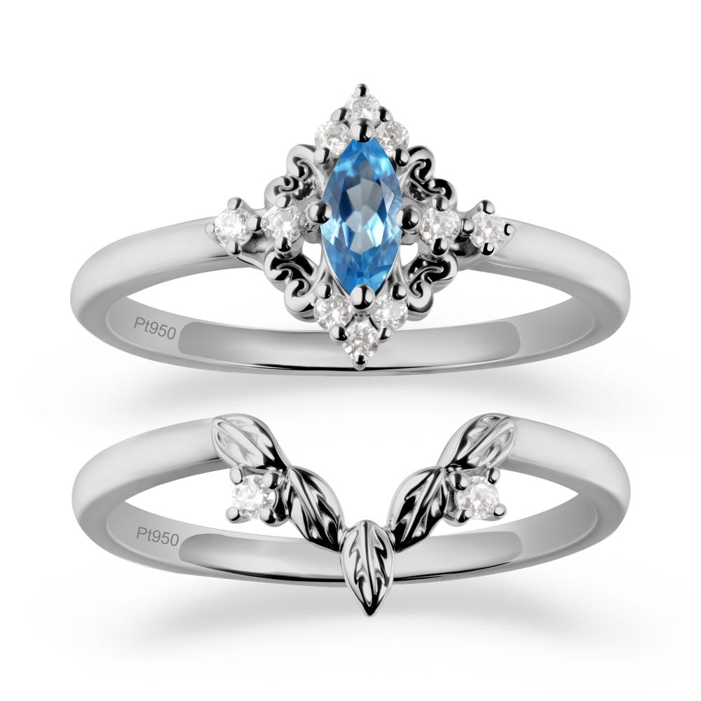 Marquise Swiss Blue Topaz Ring Sets with Leaf Details - LUO Jewelry #metal_platinum