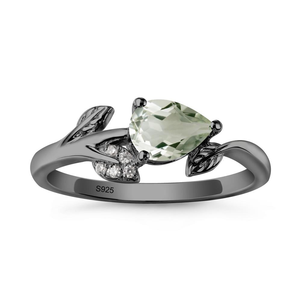 Pear Shaped Green Amethyst Leaf Ring - LUO Jewelry #metal_black finish sterling silver