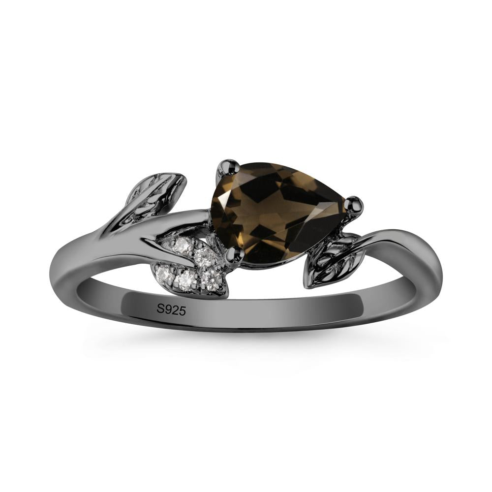 Pear Shaped Smoky Quartz Leaf Ring - LUO Jewelry #metal_black finish sterling silver