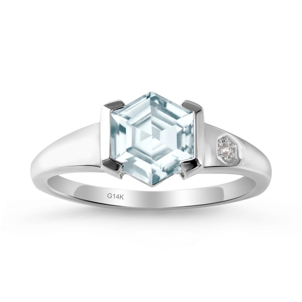 Hexagonal Aquamarine Ring with Half-Bezel Setting - LUO Jewelry #metal_14k white gold