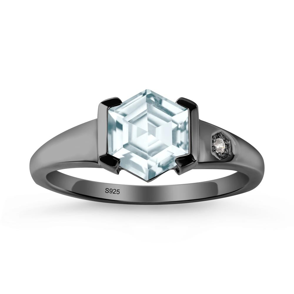 Hexagonal Aquamarine Ring with Half-Bezel Setting - LUO Jewelry #metal_black finish sterling silver