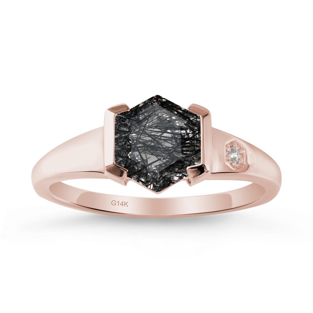 Half-Bezel Hexagonal Black Rutilated Quartz Ring - LUO Jewelry #metal_14k rose gold