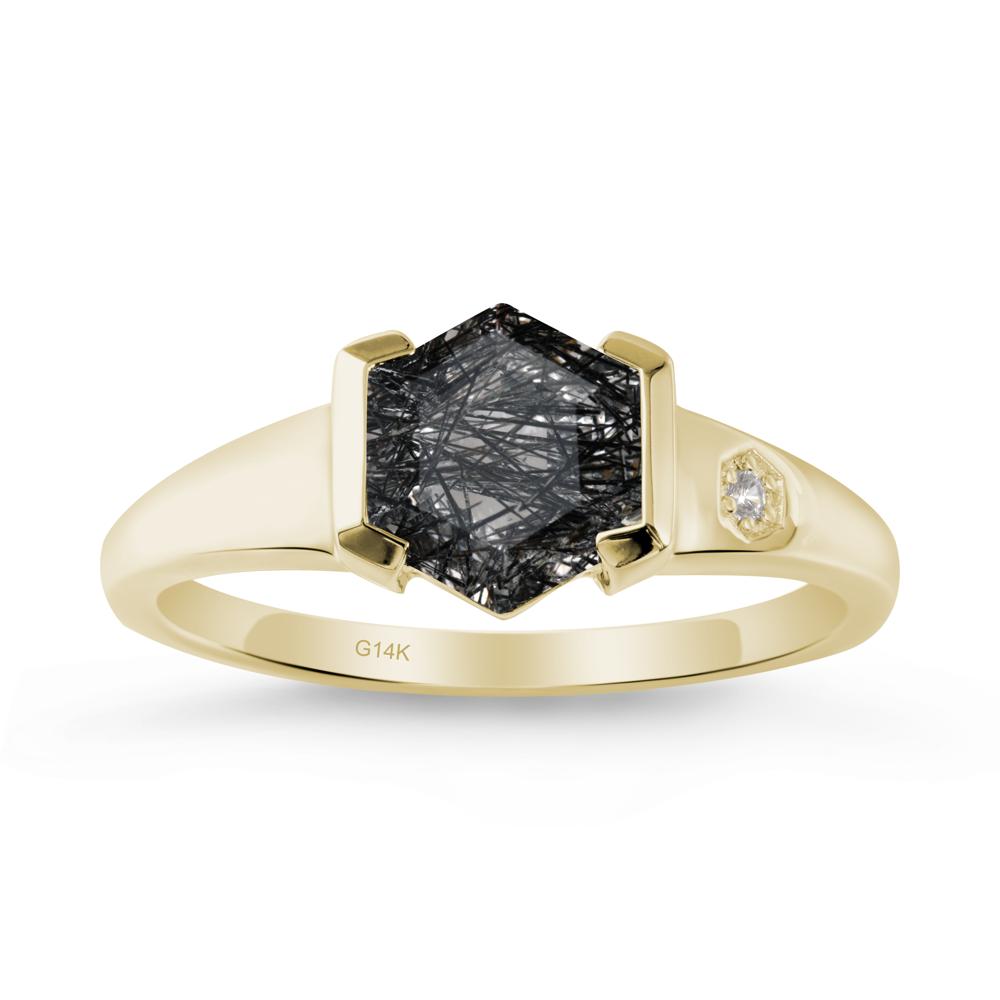 Half-Bezel Hexagonal Black Rutilated Quartz Ring - LUO Jewelry #metal_14k yellow gold