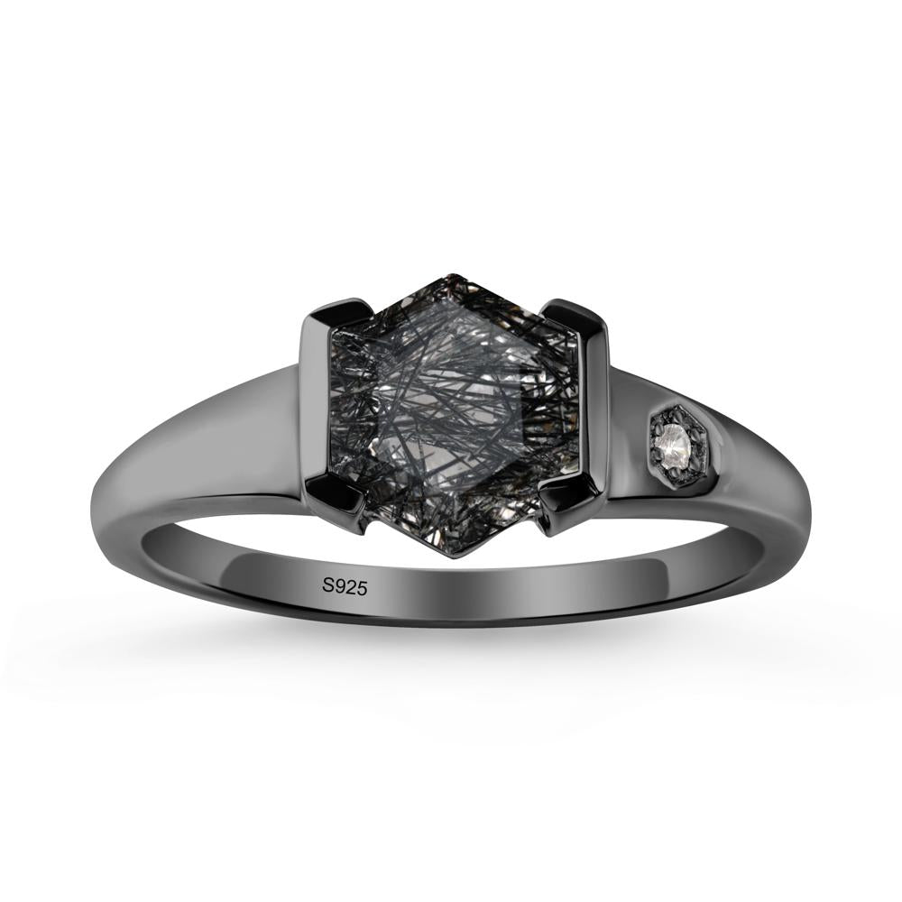 Half-Bezel Hexagonal Black Rutilated Quartz Ring - LUO Jewelry #metal_black finish sterling silver