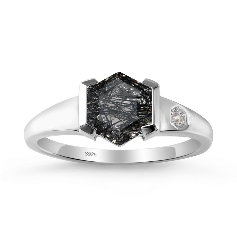 Half-Bezel Hexagonal Black Rutilated Quartz Ring - LUO Jewelry #metal_sterling silver