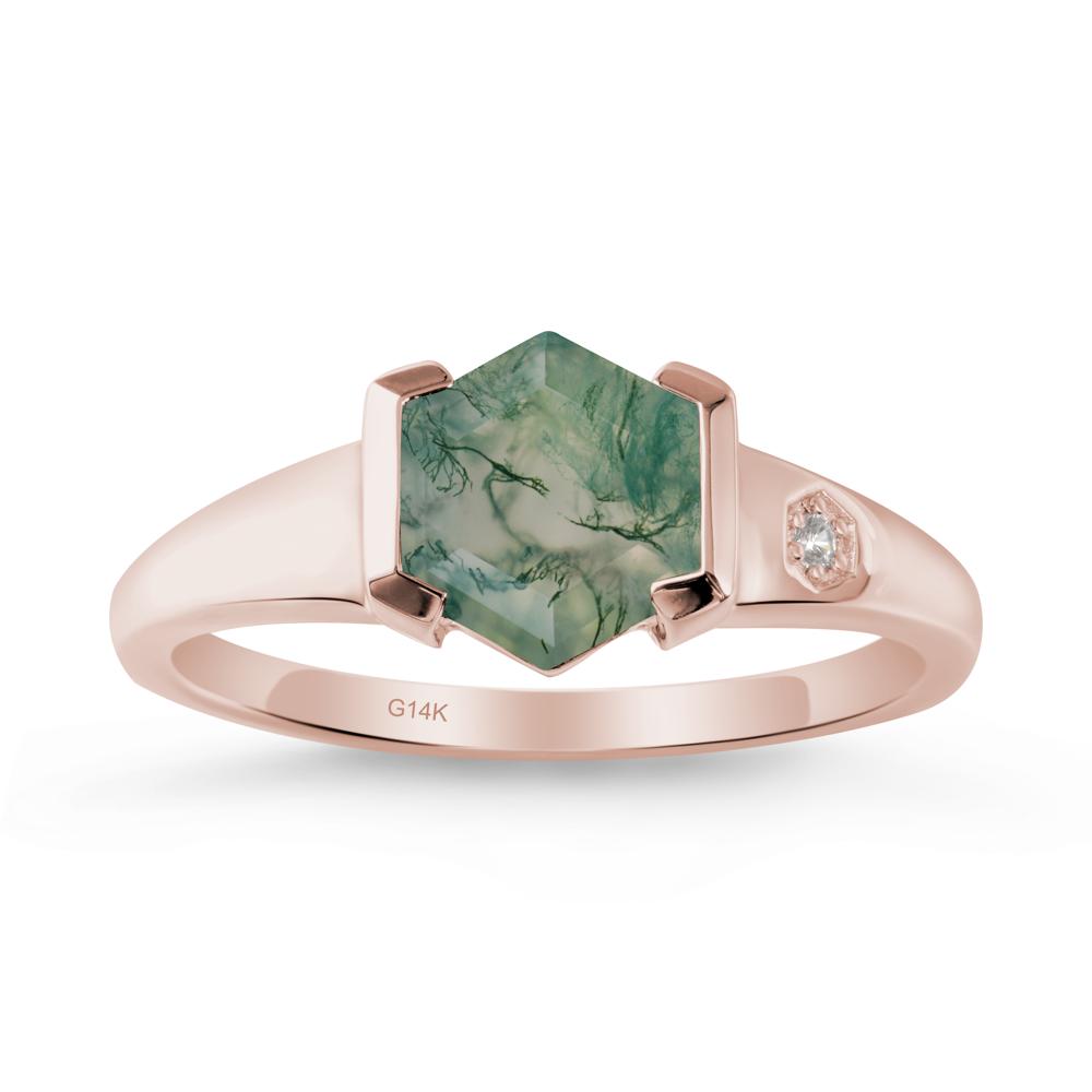 Hexagonal Moss Agate Ring with Half-Bezel Setting - LUO Jewelry #metal_14k rose gold