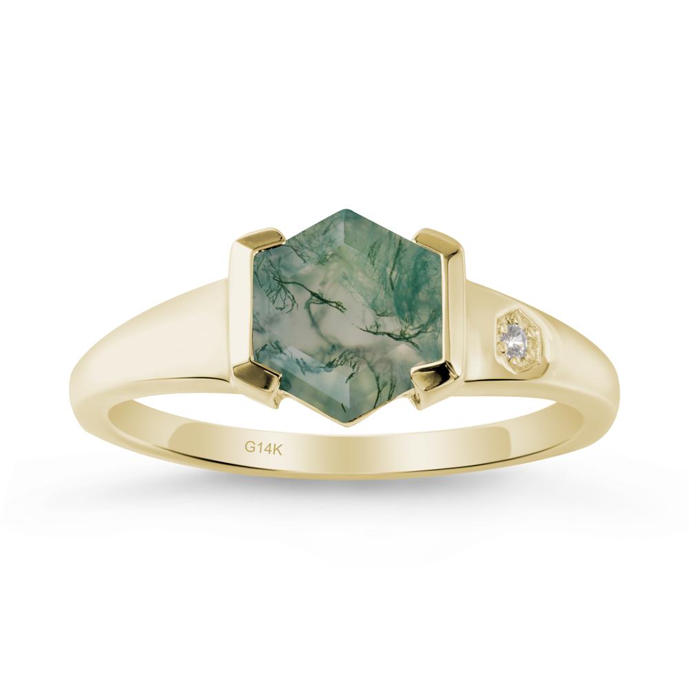 Hexagonal Moss Agate Ring with Half-Bezel Setting - LUO Jewelry #metal_14k yellow gold