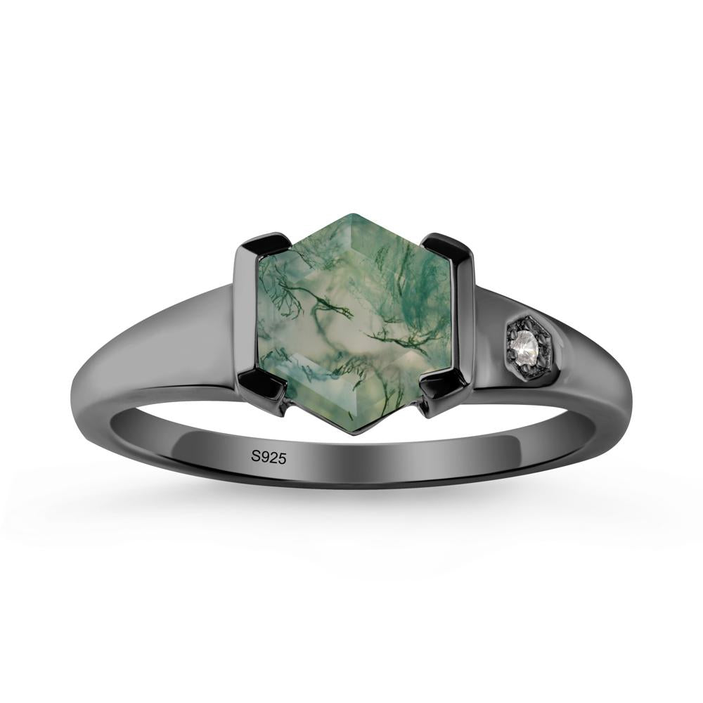 Hexagonal Moss Agate Ring with Half-Bezel Setting - LUO Jewelry #metal_black finish sterling silver