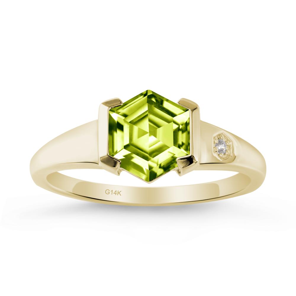 Hexagonal Peridot Ring with Half-Bezel Setting - LUO Jewelry #metal_14k yellow gold