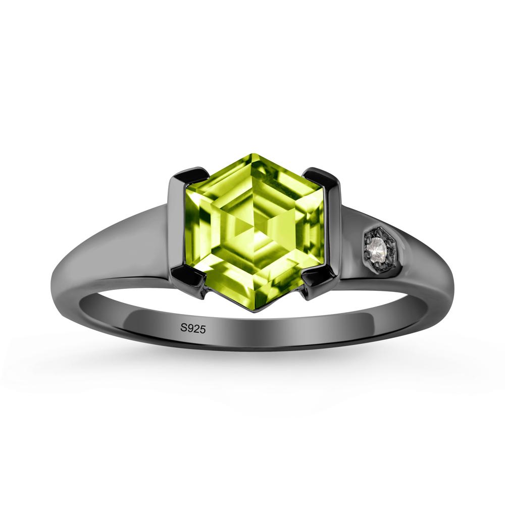Hexagonal Peridot Ring with Half-Bezel Setting - LUO Jewelry #metal_black finish sterling silver