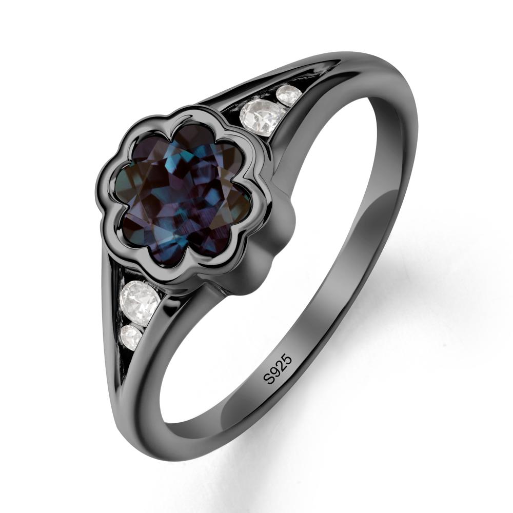 Split Band Flower Shaped Alexandrite Ring - LUO Jewelry #metal_black finish sterling silver