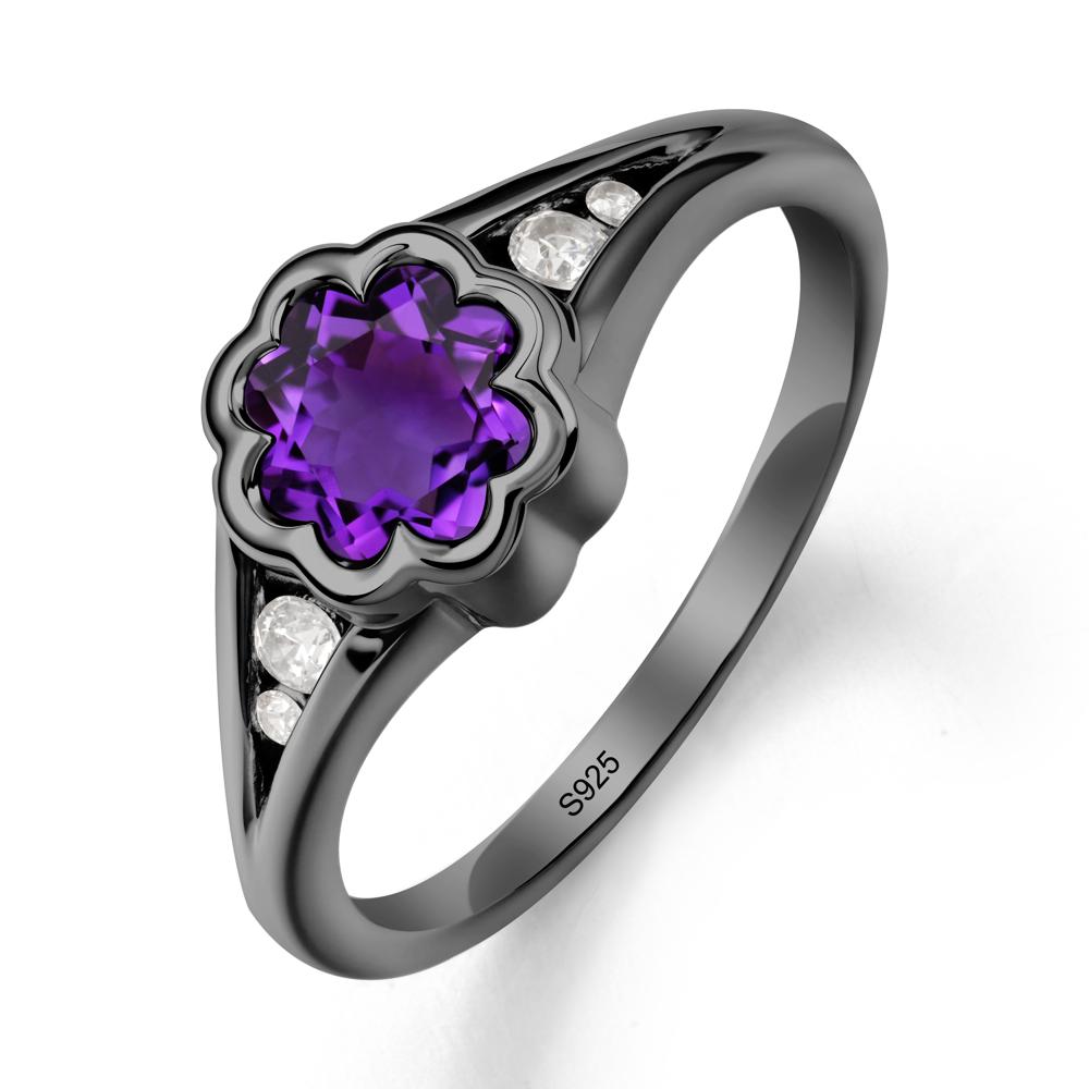 Flower Shaped Amethyst Ring with Bezel Setting - LUO Jewelry #metal_black finish sterling silver