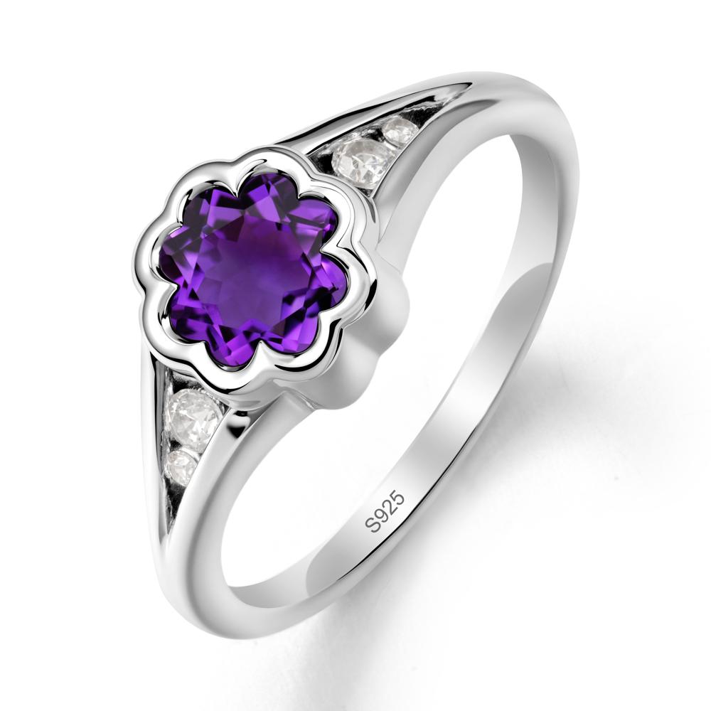 Flower Shaped Amethyst Ring with Bezel Setting - LUO Jewelry #metal_sterling silver