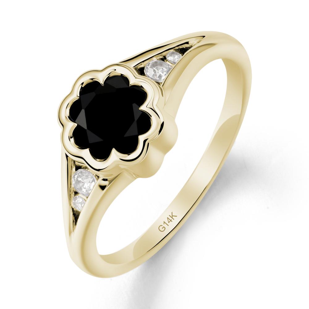 Split Band Flower Shaped Black Spinel Ring - LUO Jewelry #metal_14k yellow gold