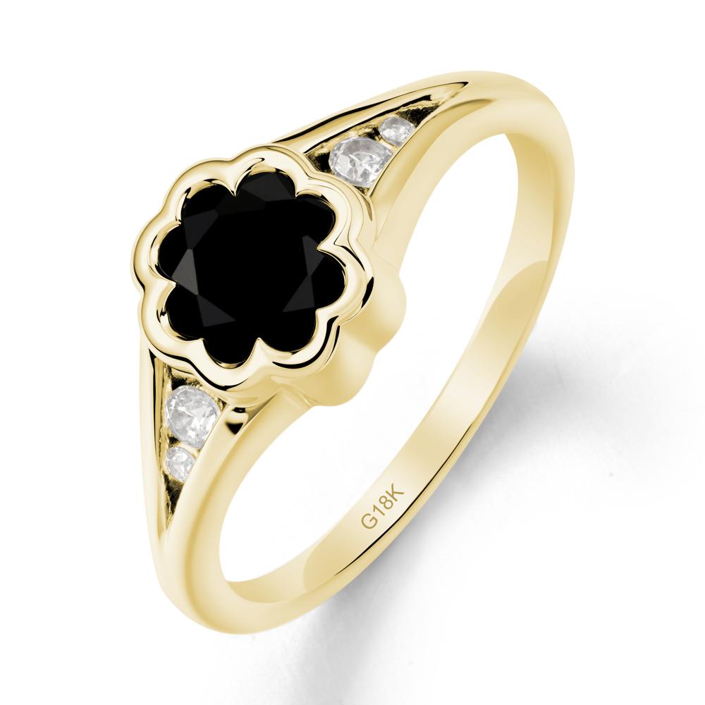 Split Band Flower Shaped Black Spinel Ring - LUO Jewelry #metal_18k yellow gold