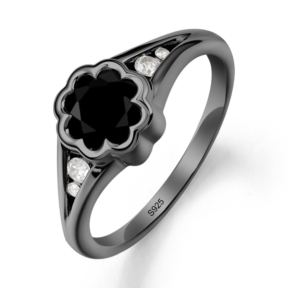 Split Band Flower Shaped Black Spinel Ring - LUO Jewelry #metal_black finish sterling silver