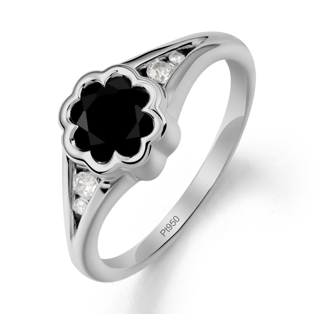 Split Band Flower Shaped Black Spinel Ring - LUO Jewelry #metal_platinum