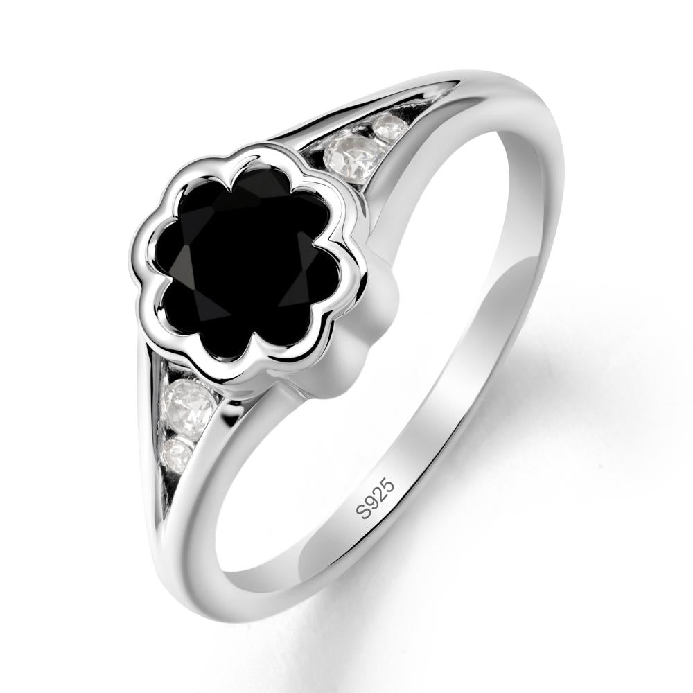 Split Band Flower Shaped Black Spinel Ring - LUO Jewelry #metal_sterling silver