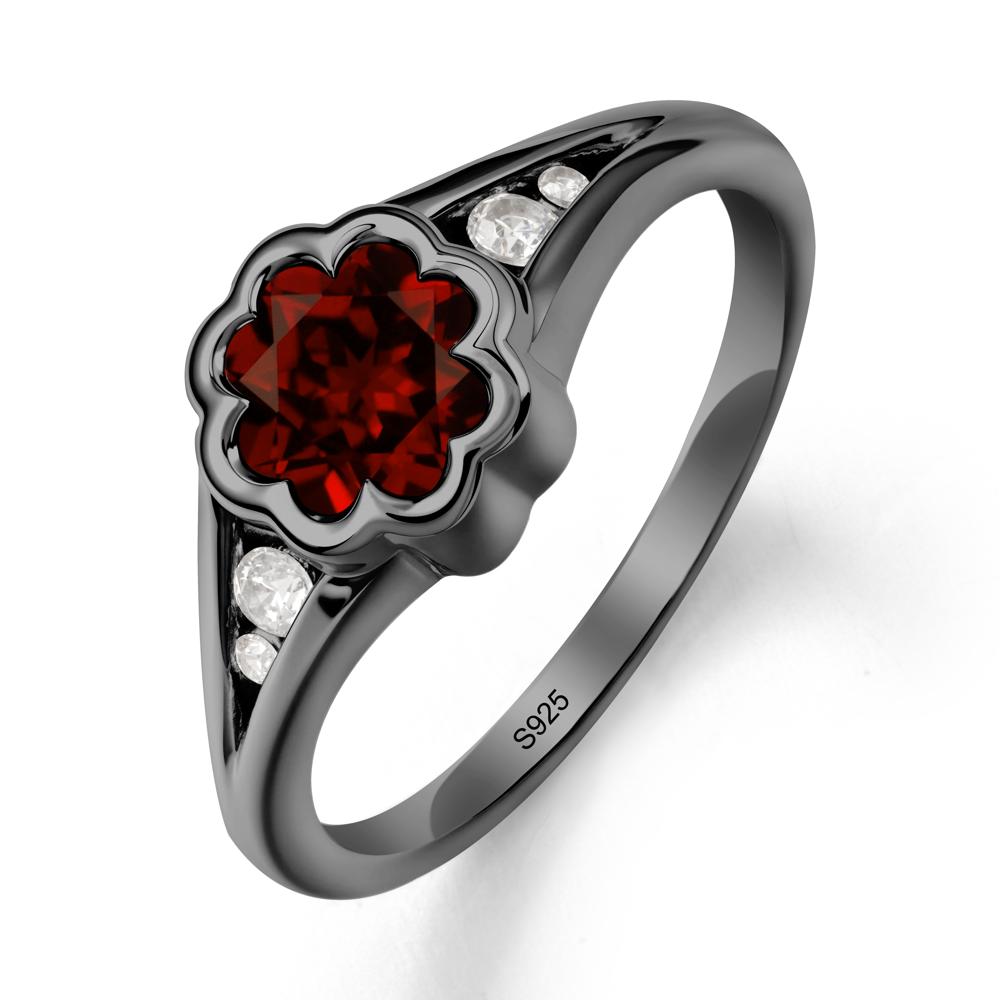 Split Band Flower Shaped Garnet Ring - LUO Jewelry #metal_black finish sterling silver