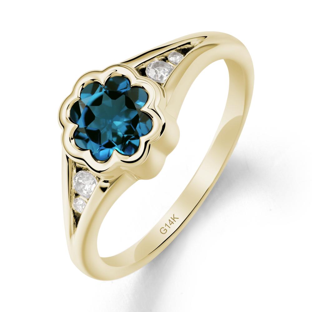 Flower Shaped London Blue Topaz Ring with Bezel Setting - LUO Jewelry #metal_14k yellow gold