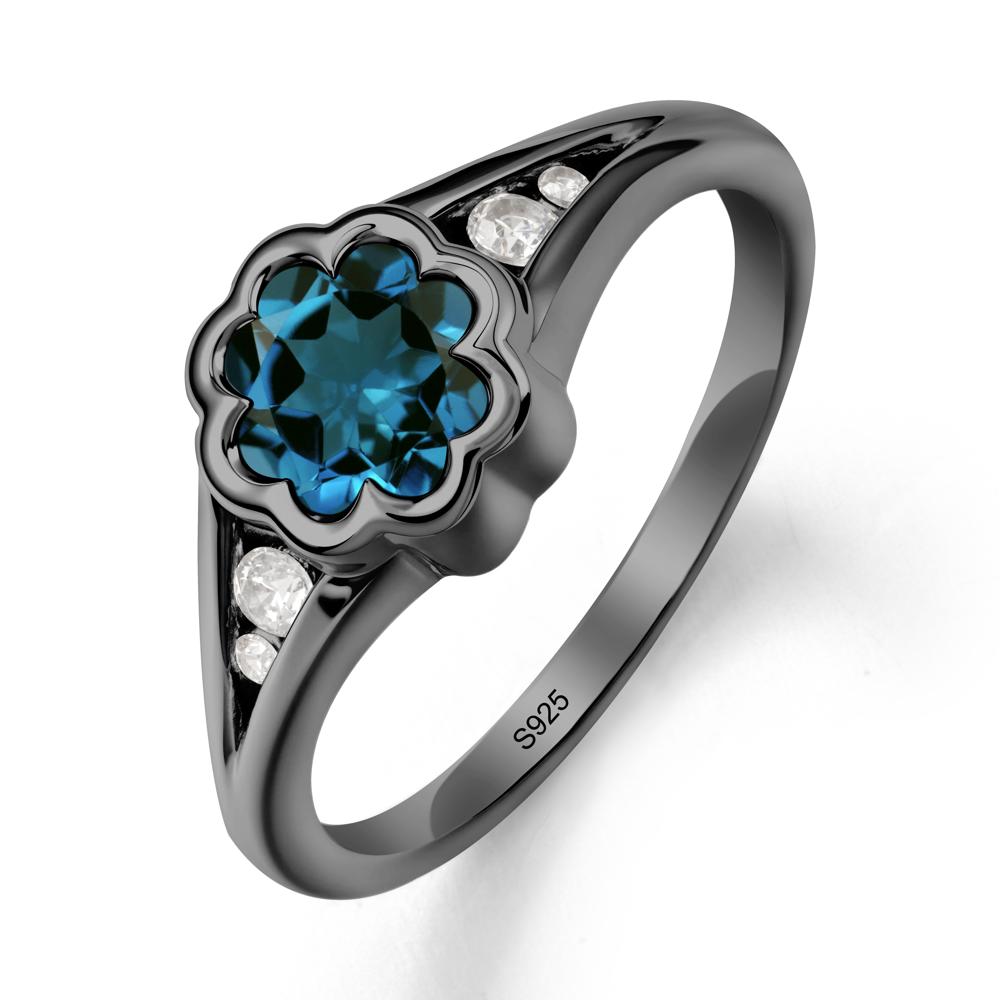 Flower Shaped London Blue Topaz Ring with Bezel Setting - LUO Jewelry #metal_black finish sterling silver