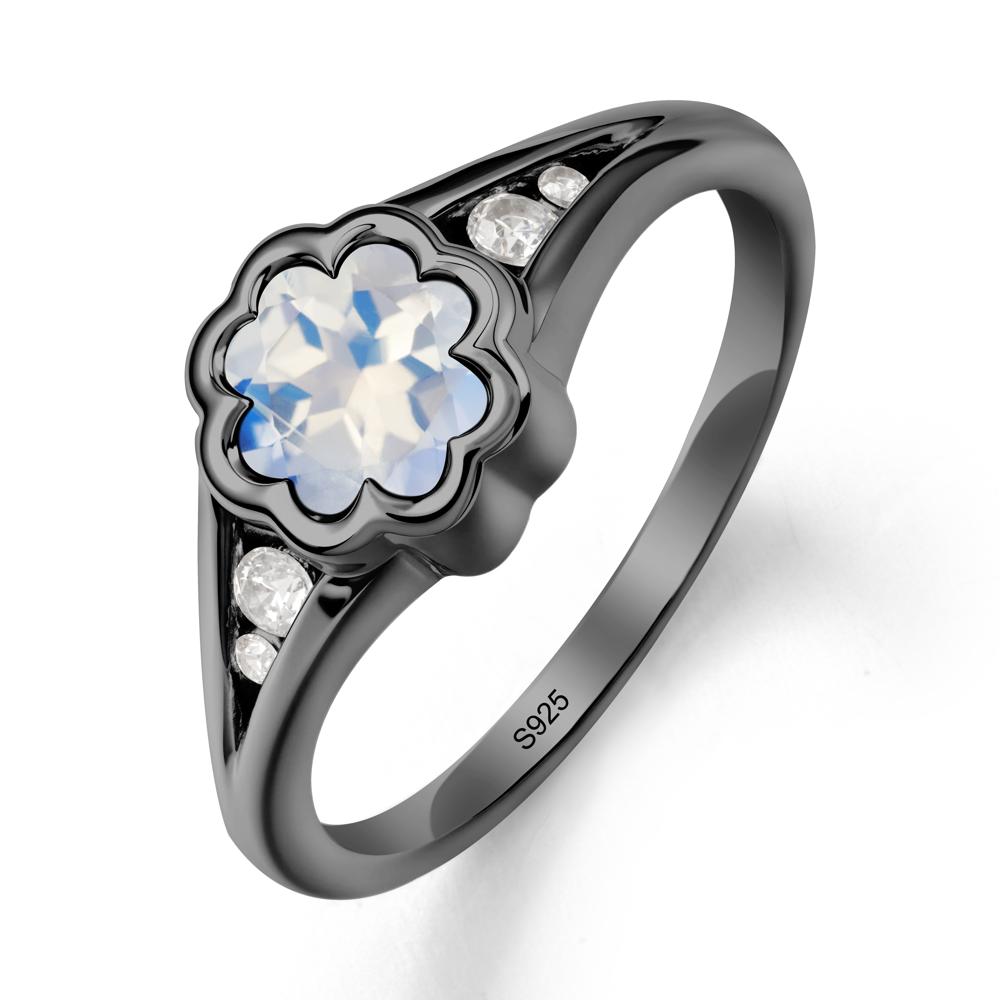 Split Band Flower Shaped Moonstone Ring - LUO Jewelry #metal_black finish sterling silver